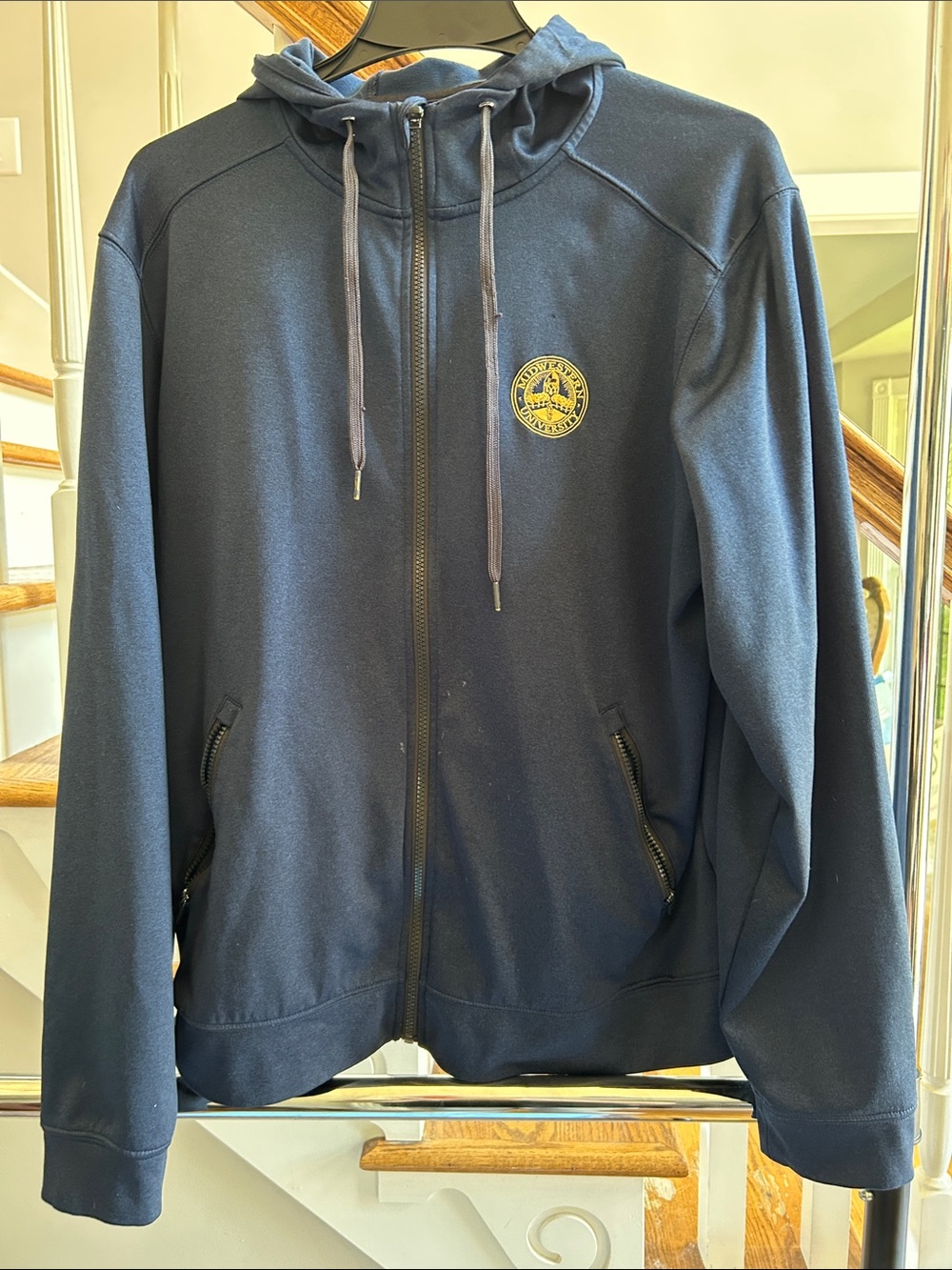 Navy Midwestern University Zip-Up Hooded Sweatshirt with Chest Embroidery Used